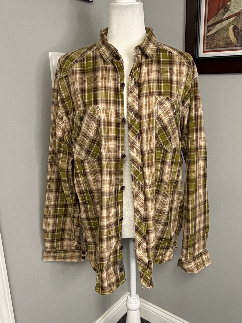 REI Mens Brown Green plaid button down shirt Large Outdoor Hiking long sleeve